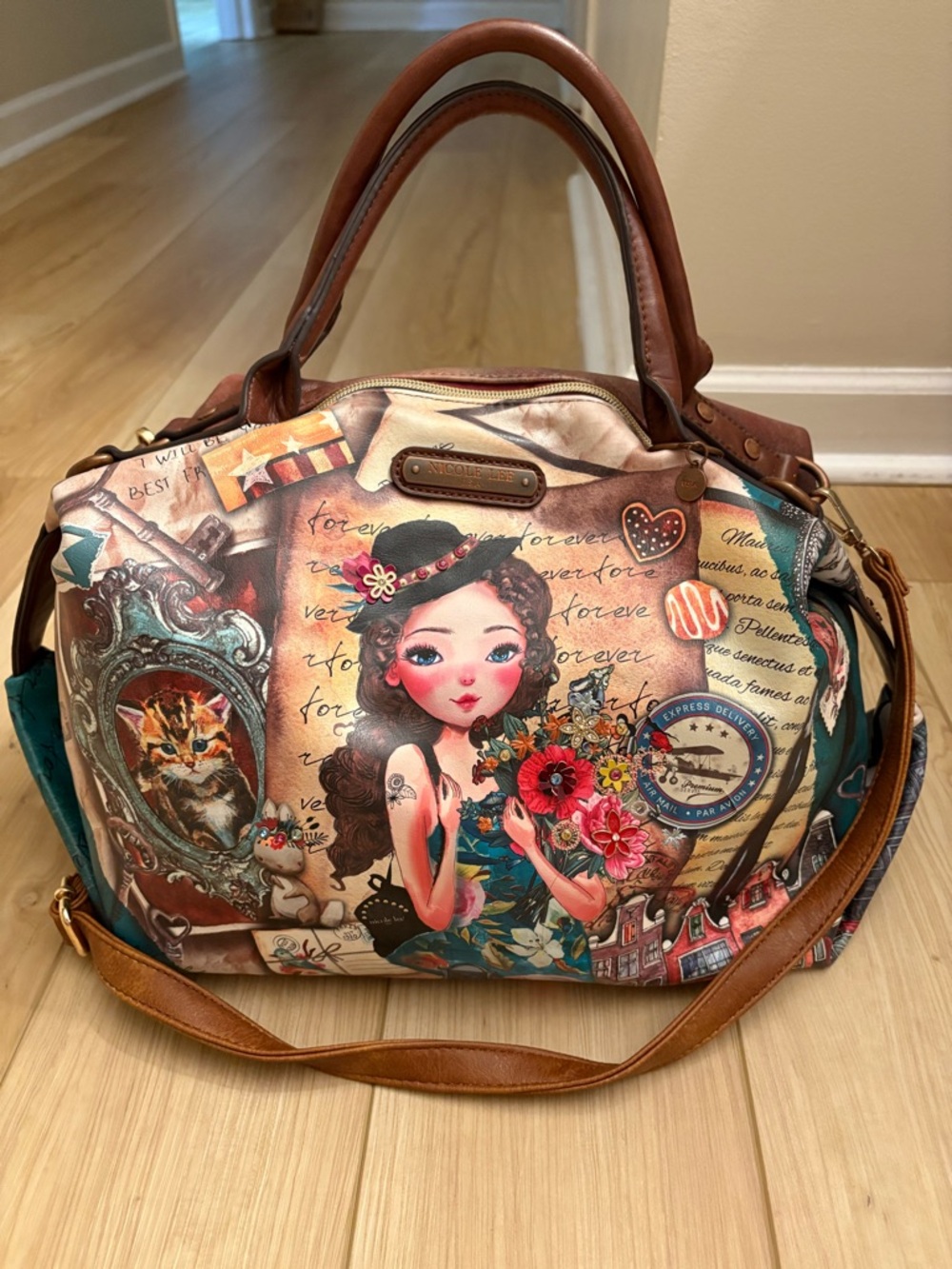 Nicole Lee Emily Travels Europe Bag with Handles or Crossbody Y2K Maximalist